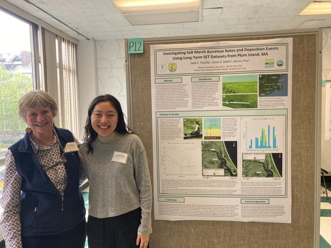 Jade Fiorilla stands smiling in front of her poster at the Spring meeting of NEERS, alongside Anne Giblin, also smiling!    